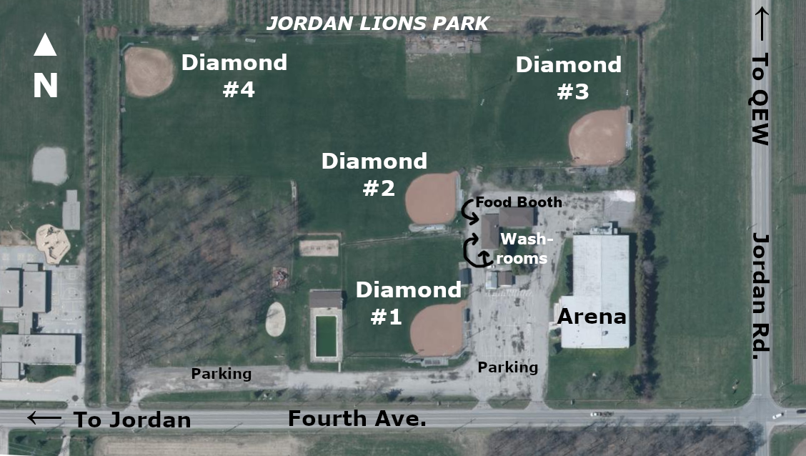 Map of baseball diamonds at Jordan Lions Park
